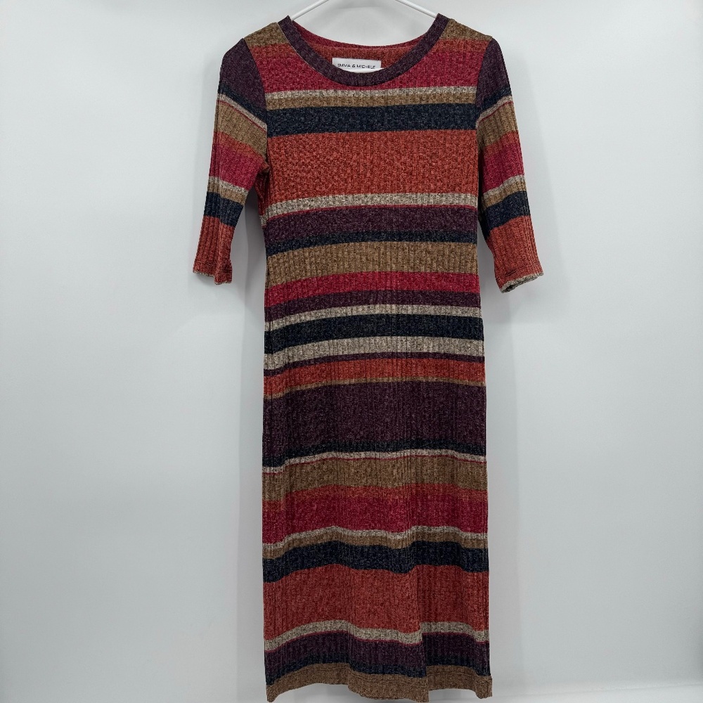 Emma Michele Dress Women 6 Orange Brown Fall Stripes Ribbed Knit Midi 3/4 Sleeve